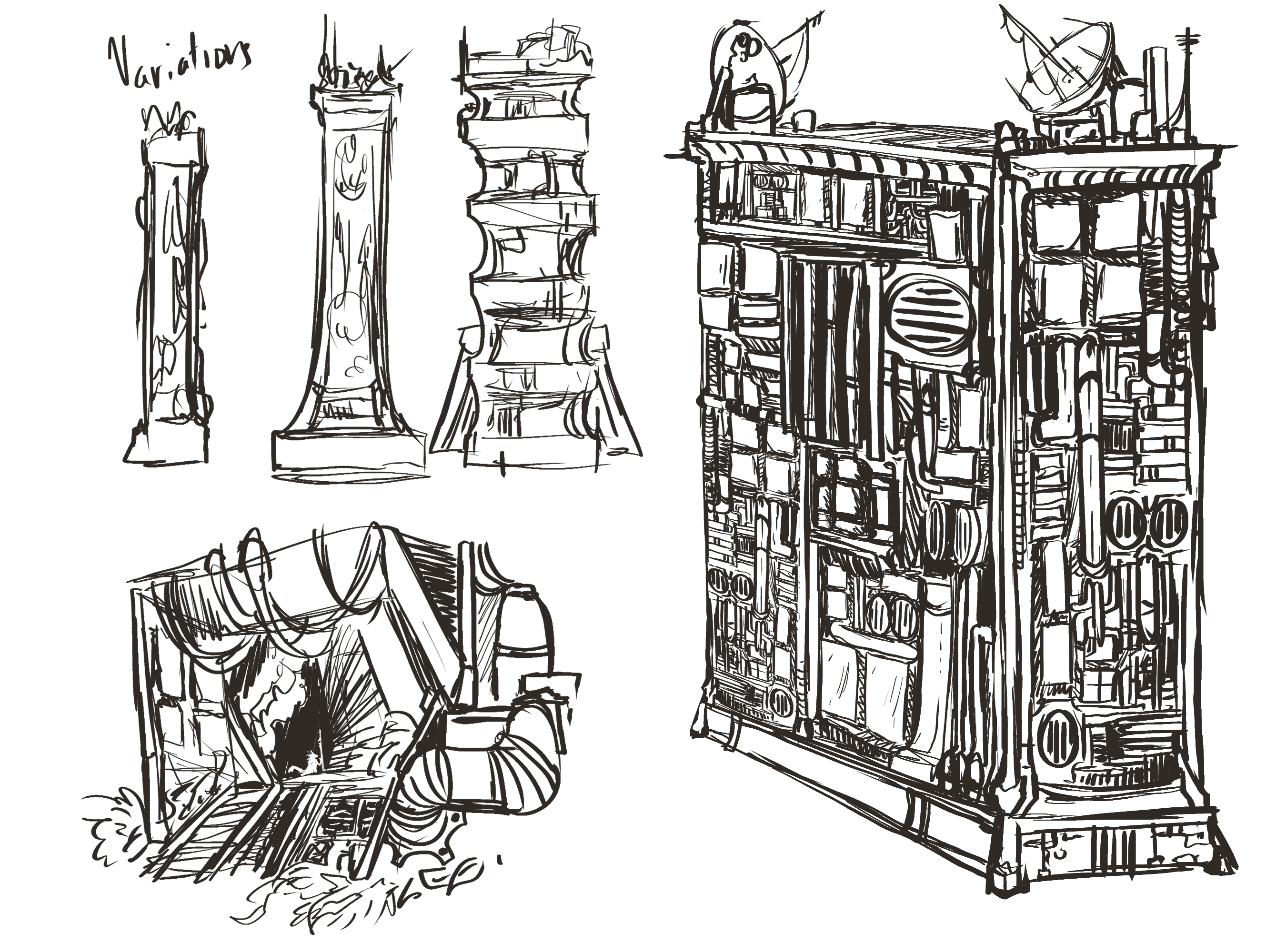 A large wall covered in vents and technology, theres variations of how they can look from the side. And a small view of what one larger corridor would look like inside.