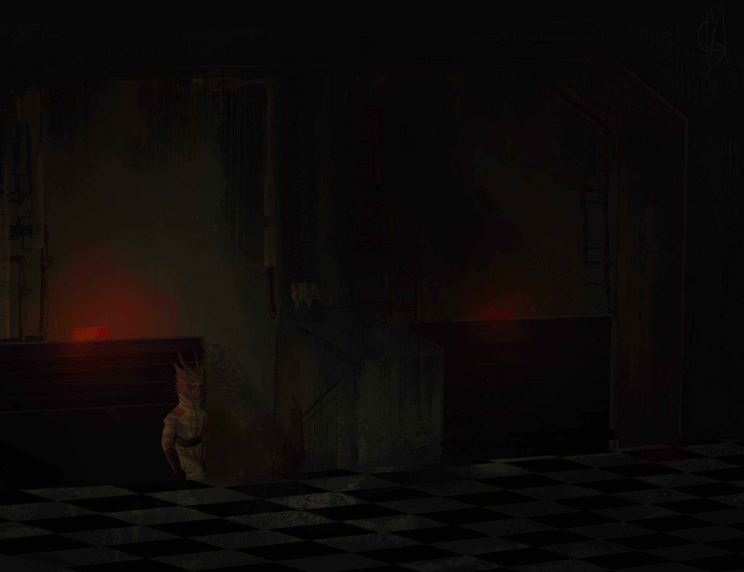 A Computer Surgeon walking through the dim industrial hall interior of a retaining wall