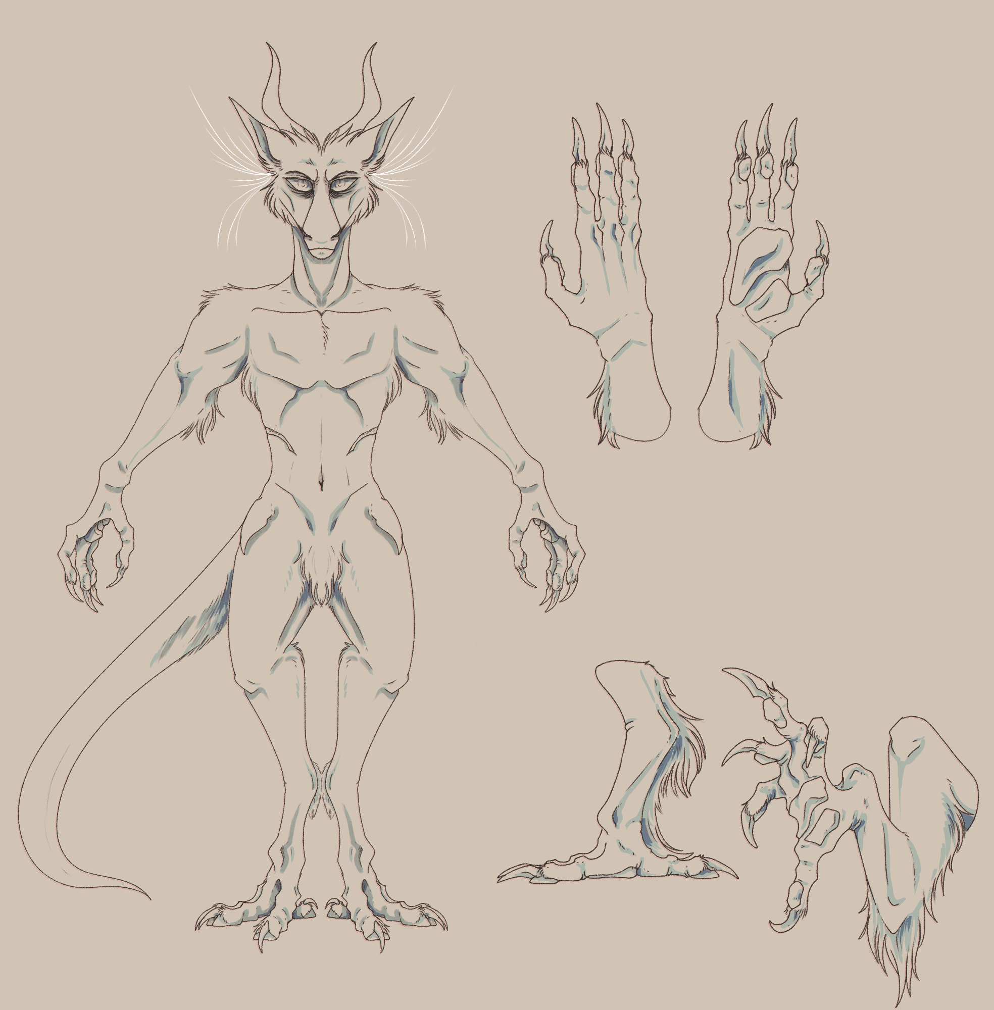 A fullbody image of dragomii. Their heads are shaped like 
                        rex mixed with dragon. Four fingered hands, whiskers from below the ear. Five toes, a long tail